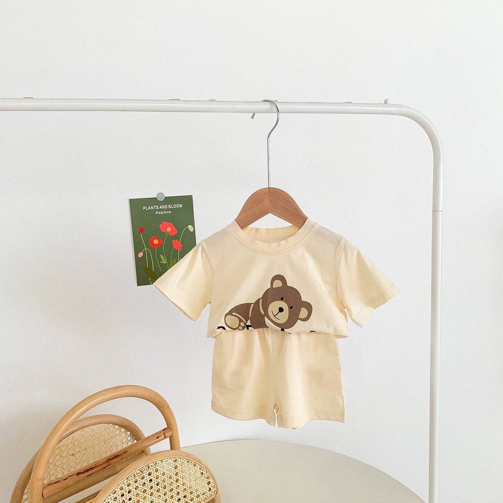 Bộ cộc tay cho bé trai bé gái hoạ tiết hình gấu Bear dễ thương Hokiha Kid size 8-15kg TE164