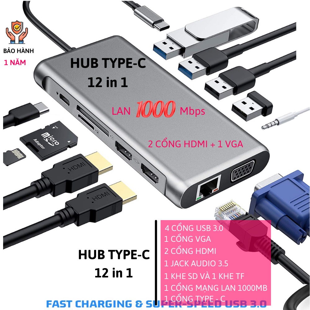 USB Type C HUB 12 IN 1 Cho laptop , macbox , thunderbolt  2 HDMI + 1 VGA + 4 USB + TYPE C +LAN+ AUDI
