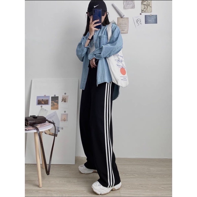 Quần thể thao ba sọc trơn, thêu LoGo dáng rộng Unisex Nam nữ mặc được