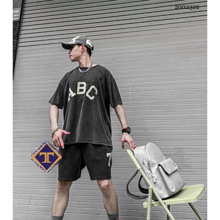 Bộ đồ nam mặc hè Essentials cotton wash loang xám in chữ ABC số 7 kiểu dáng basic BH04P