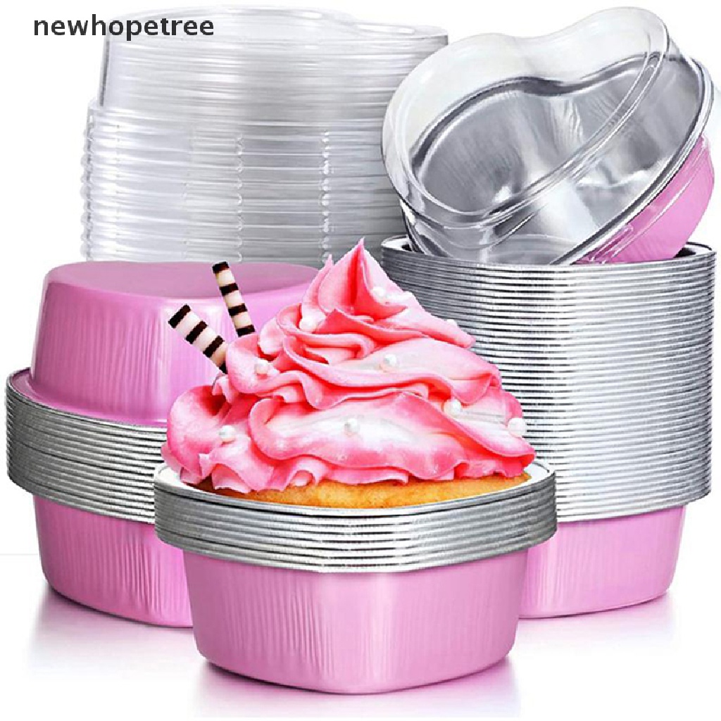 Set 10 Khuôn Lá Nhôm 55ml Hình Trái Tim Làm Bánh Cupcake Có Nắp Đậy Tiện Dụng