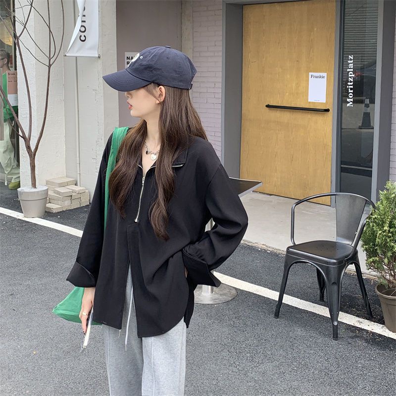 Áo sơ mi COZOKC tay dài màu trơn có khóa kéo thời trang