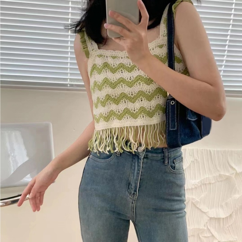 Áo Dệt Kim Không Tay Cổ Vuông Viền Tua Rua Thêu Họa Tiết Thời Trang Mùa Hè Cho Nữ