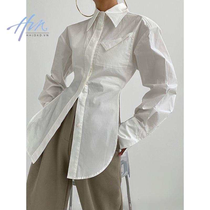 Hhjdxd Áo Sơ Mi Xẻ Tà Có Túi Nhấn Eo Hẹp Thời Trang Cho Nữ