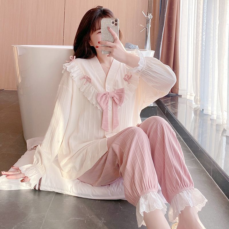 Bộ Đồ Ngủ Tay Dài In Hoạt Hình Đính Nơ Thời Trang Xuân Thu Cho Nữ