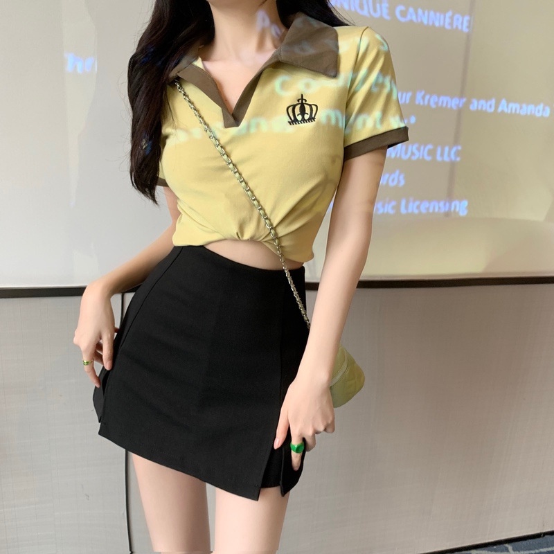 DIDIKA Áo Thun POLO Tay Ngắn Màu Trơn Phong Cách Hong Kong Thời Trang Mùa Hè Quyến Rũ Cho Nữ