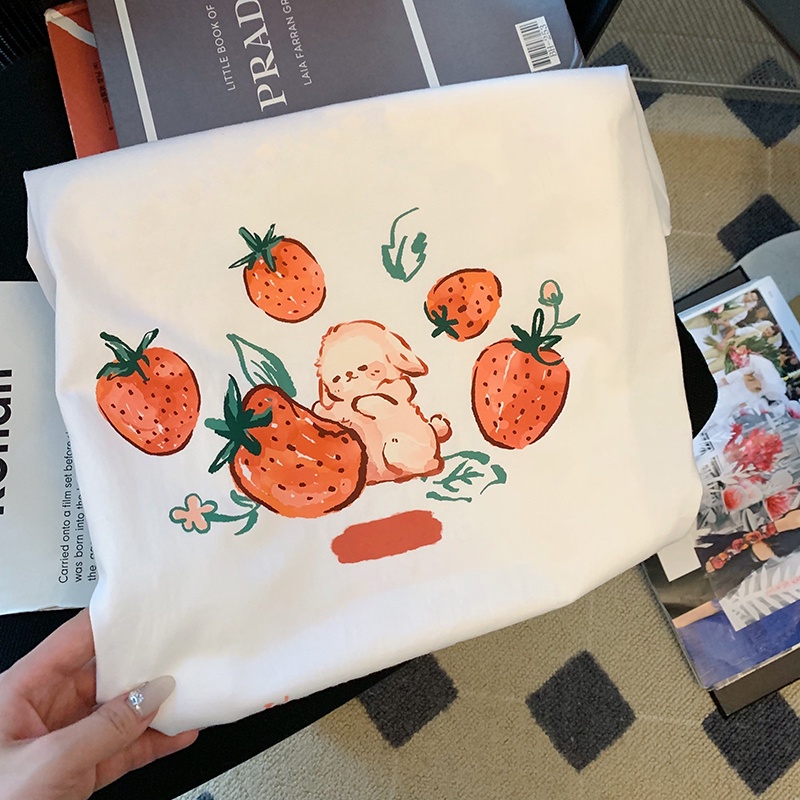 Áo Thun Tay Ngắn Dáng Rộng In Họa Tiết Thỏ Và Chữ Dễ Thương