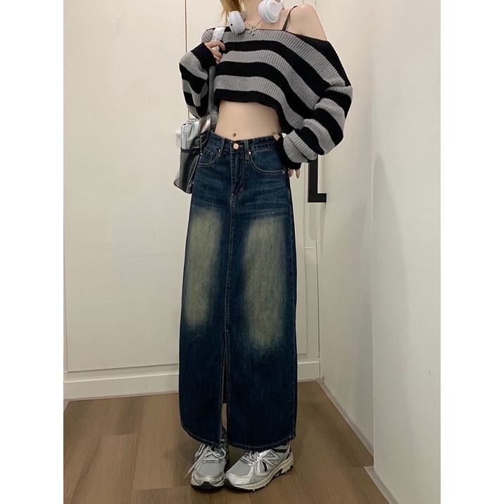 Chân Váy Denim Dài Dáng Chữ A Lưng Cao Xẻ Tà Thời Trang Mùa Xuân 2023 Phong Cách Mới Cho Nữ