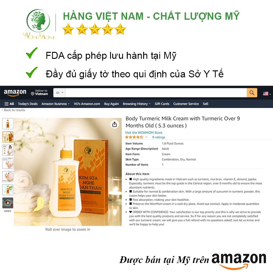 [ Giảm 50K - Đơn 459K ] Bộ tắm body và dưỡng trắng toàn thân Wonmom ( 1 Kem sữa nghệ toàn thân + 1 Sữa tắm cho mẹ )