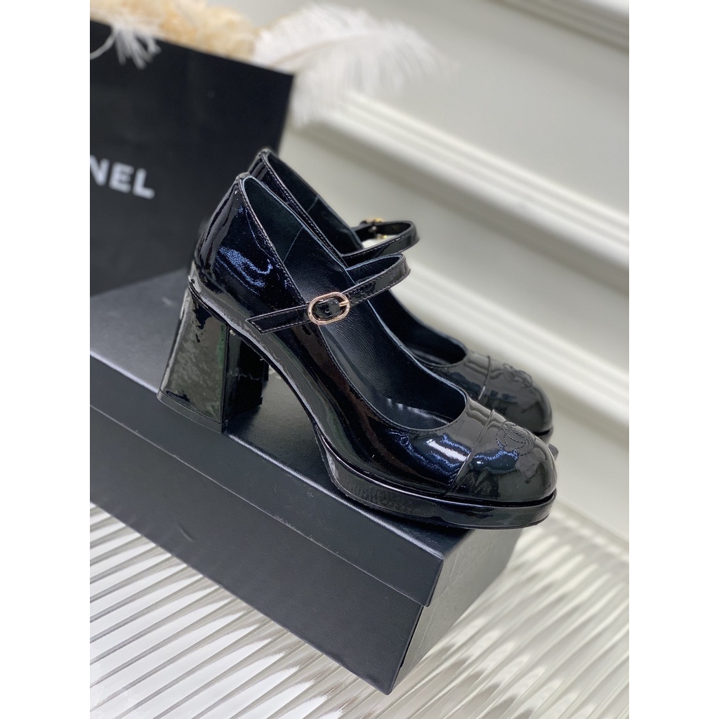 Giày cao gót nữ da thật thời trang cao cấp Channel CN phong cách retro, tiểu thư