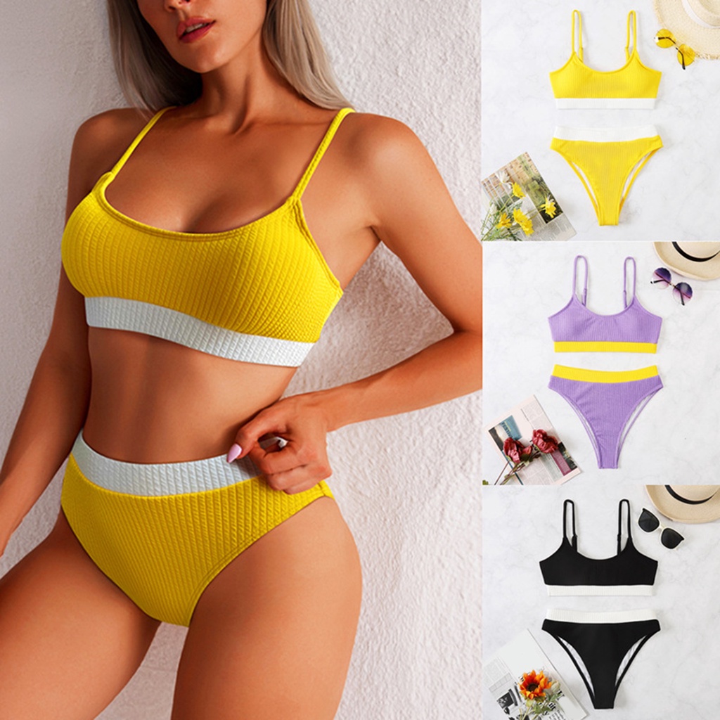 Bộ Bikini 2 Mảnh Co Giãn Phối Màu Tương Phản Tùy Chỉnh Thời Trang Đi Bơi Cho Nữ