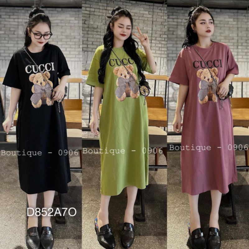 Váy Cotton Suông ,Đầm Hoạt Hình Gấu Tay Lỡ Dáng Dài Rộng Có Túi Phong Cách Trẻ Trung