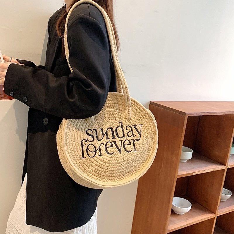 [ TC110 ] Túi cói tròn thêu chữ SUNDAY phong cách retro thời trang
