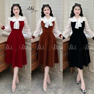 Đầm váy nữ nhung dự tiệc phối voan dài tay kết nơ sang chảnh với 3 tone màu siêu xinh dành
