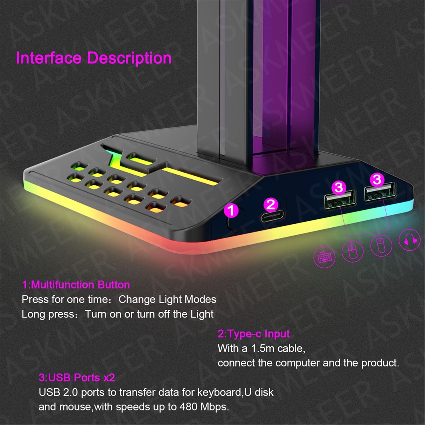 Giá Đỡ Tai Nghe Chơi Game USB 2.0 Tích Hợp Đèn LED RGB Dành Cho PC Laptop