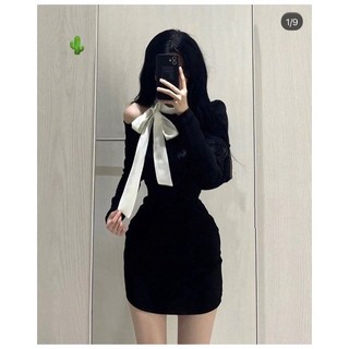 ĐẦM KIỂU ĐEN PHỐI NƠ HỞ VAI DPN1