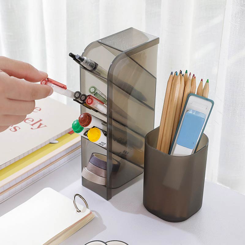 Storage Case Box Pen Plastic Holder School Clear Desktop Multi-function Pencil Organizer Grey 4 Grid