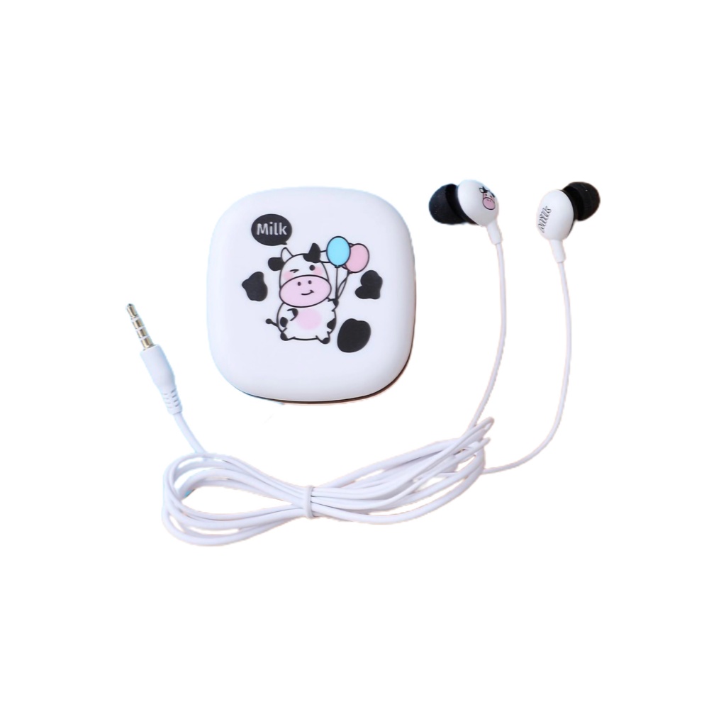 Tai nghe nhét tai LENOVO có dây giắc cắm 3.5mm giảm tiếng ồn có hộp đựng họa tiết bò sữa hoạt hình đáng yêu