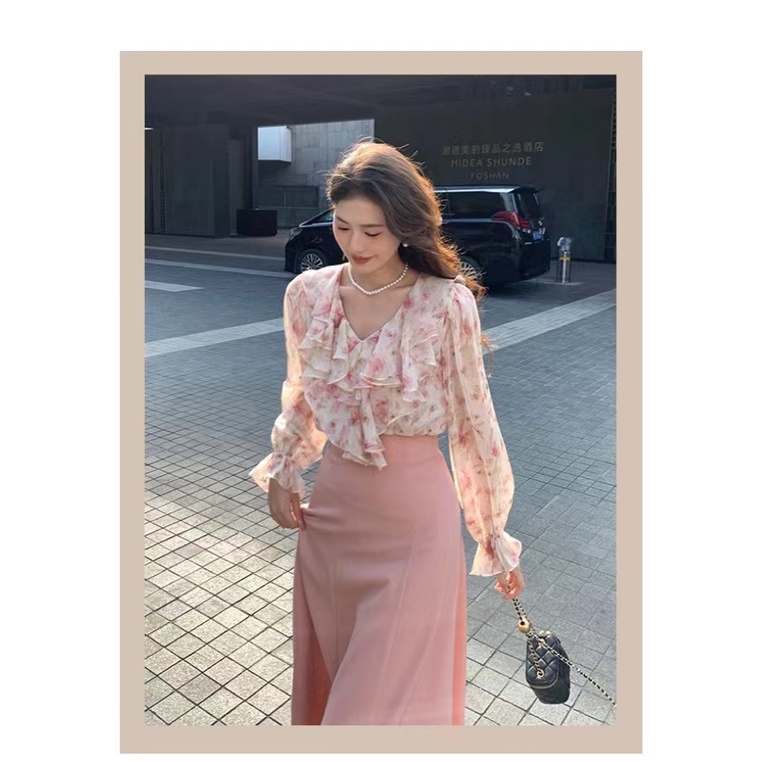 Hàng Mới Về Mới Áo Sơ Mi Nữ Tay Dài Cổ Chữ V In Hoa Thời Trang Hàn Quốc