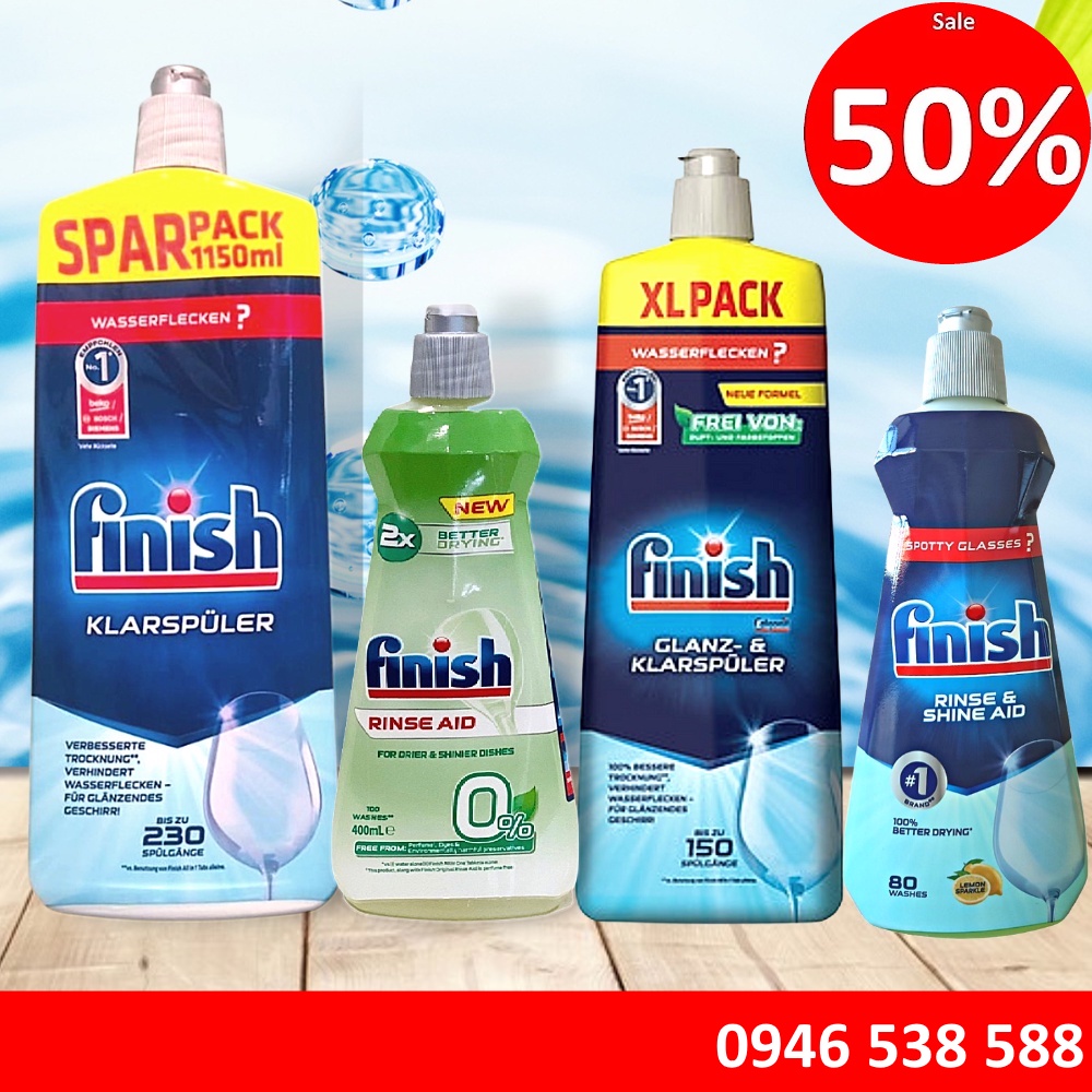 Nước làm bóng finish 750ml, Dầu bóng Finish 800ml, chất trợ xả finish 500ml, Nước bóng finish 400ml Máy rửa bát đĩa chén