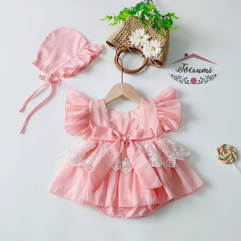 Bộ liền thân hồng cánh tiên nơ lưng viền ren trắng cao cấp - Tocxumi