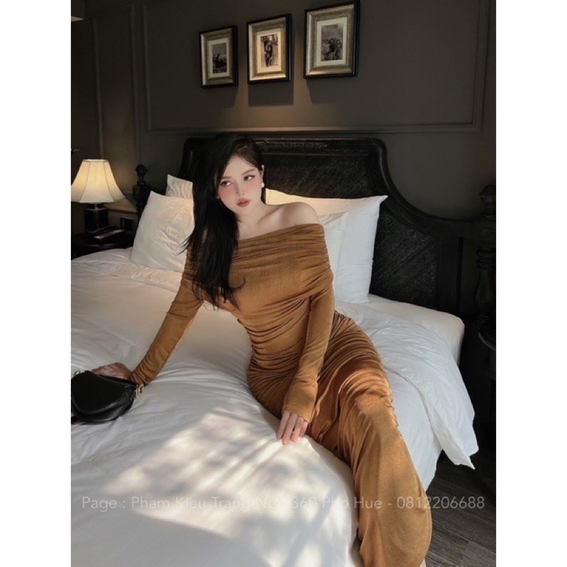 ĐẦM BODY LỤA NHŨ CC TAY DÀI TRỄ VAI NHÚNG EO SANG TRỌNG- HÀNG CHUẨN MẪU MỀM MỊN♥️ SIÊU CO GIÃN&