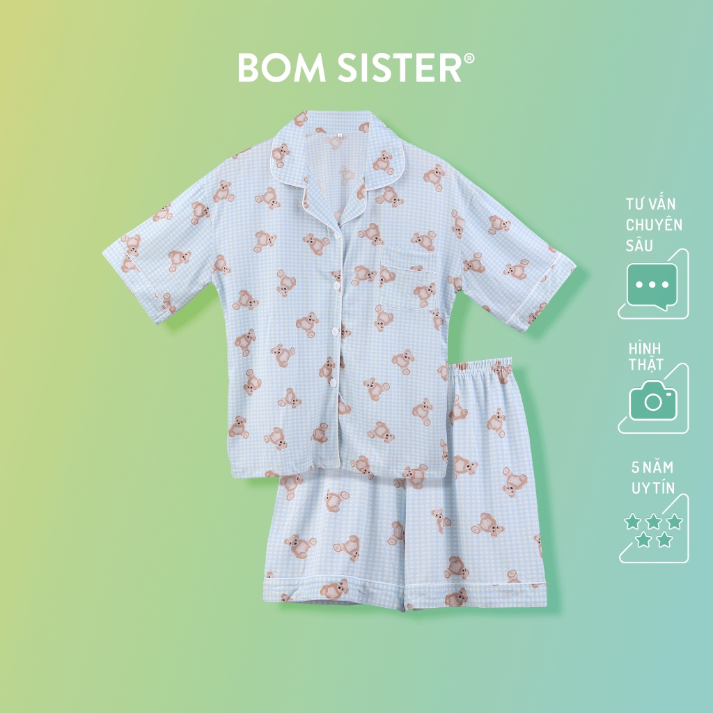 Set đồ ngủ áo ngắn tay quần đùi họa tiết caro gấu dễ thương BOM SISTER DN7528