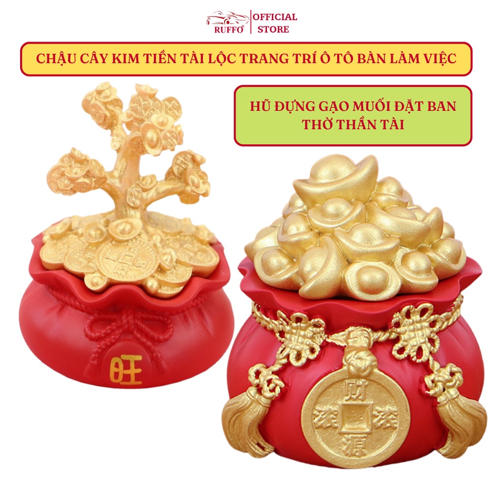 Đồ Trang Trí Taplo Ô Tô Ruffo Hình Chậu Cây Kim Tiền Vàng Tài Lộc May Mắn - Hũ Đựng Gạo Muối Bày Ban Thờ Thần Tài