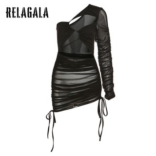 RelaGala Thời Trang Nữ Slant Vai Gợi Cảm Xuyên Qua Cutout Đầm Dài Tay