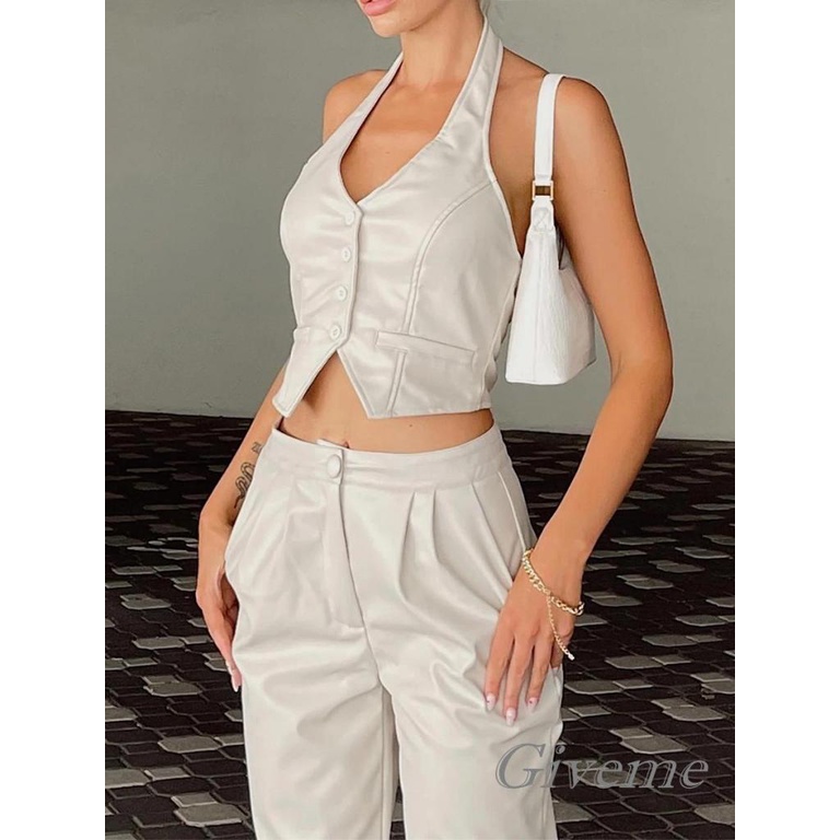 Áo Croptop Da PU Màu Trơn Cổ Yếm Cài Nút Thời Trang Mùa Hè Cho Bạn Gái