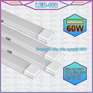 Combo 4 cây đèn bán nguyệt đầu vuông 60W - đèn tuýp 1m2 (ánh sáng trắng - công suất chuẩn)
