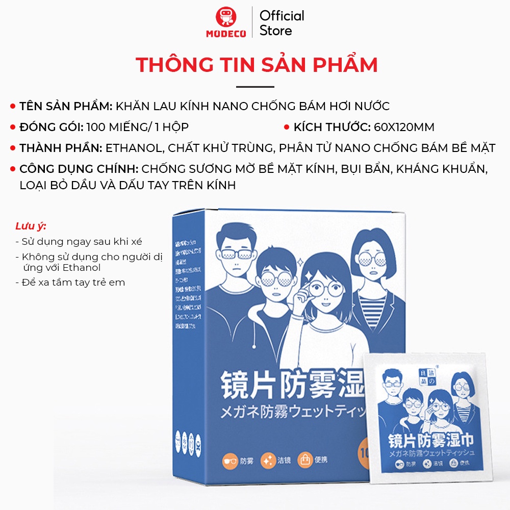 Khăn Lau Kinh Nano Modeco Chống Bám Hơi Nước, Lau Sạch Bụi Bẩn, Khử Khuẩn, Chống Nhờn Trên Mặt Kính - Hộp 100 Khăn