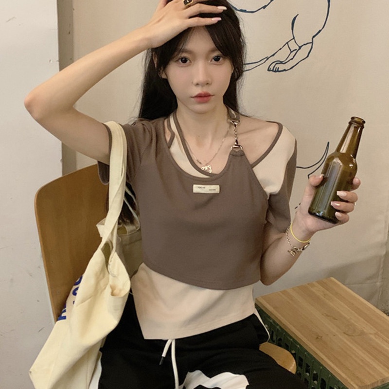 Áo Thun Ngắn Tay Màu Sắc Tương Phản Phong Cách Hàn Quốc Cho Nữ