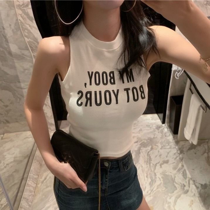 COZOK Áo Lửng Không Tay In Chữ Gợi Cảm Cho Nữ