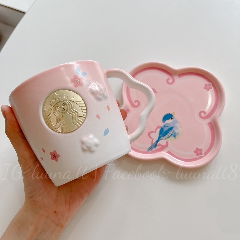 Bộ cốc sứ Starbucks hoa anh đào chim yến 370ml kèm đế gốm