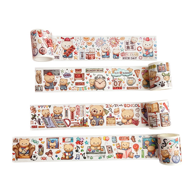 1 Cuộn Băng Keo Giấy Washi In Hình Gấu Hoạt Hình Phong Cách Vintage