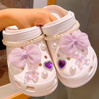 Phụ kiện ghim cài giày crocs hình nơ bướm đính đá pha lê tím thời trang cho nữ charms