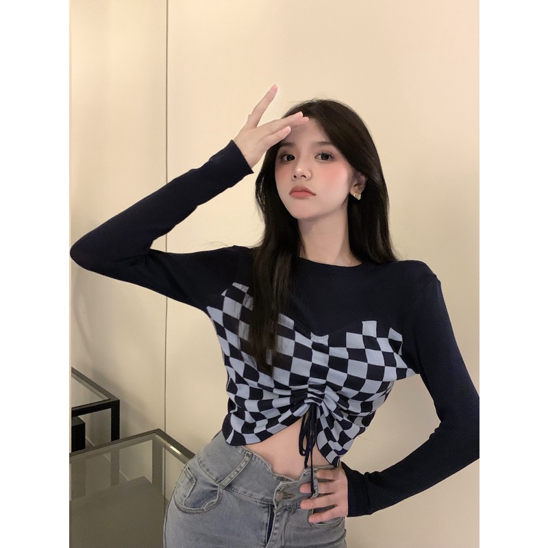 Áo Thun Dệt Kim Dài Tay Phối Dây Rút Phong Cách Hàn Quốc Thời Trang Mùa Xuân Dành Cho Nữ