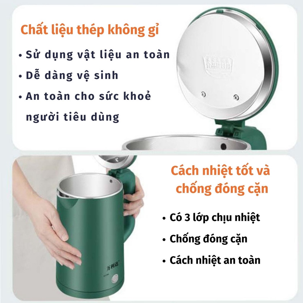 Ấm Siêu Tốc Inox Dung Tích Lớn 2.3L Bình Đun Siêu Tốc 1500W Đun Sôi Nhanh Lõi thép không gỉ