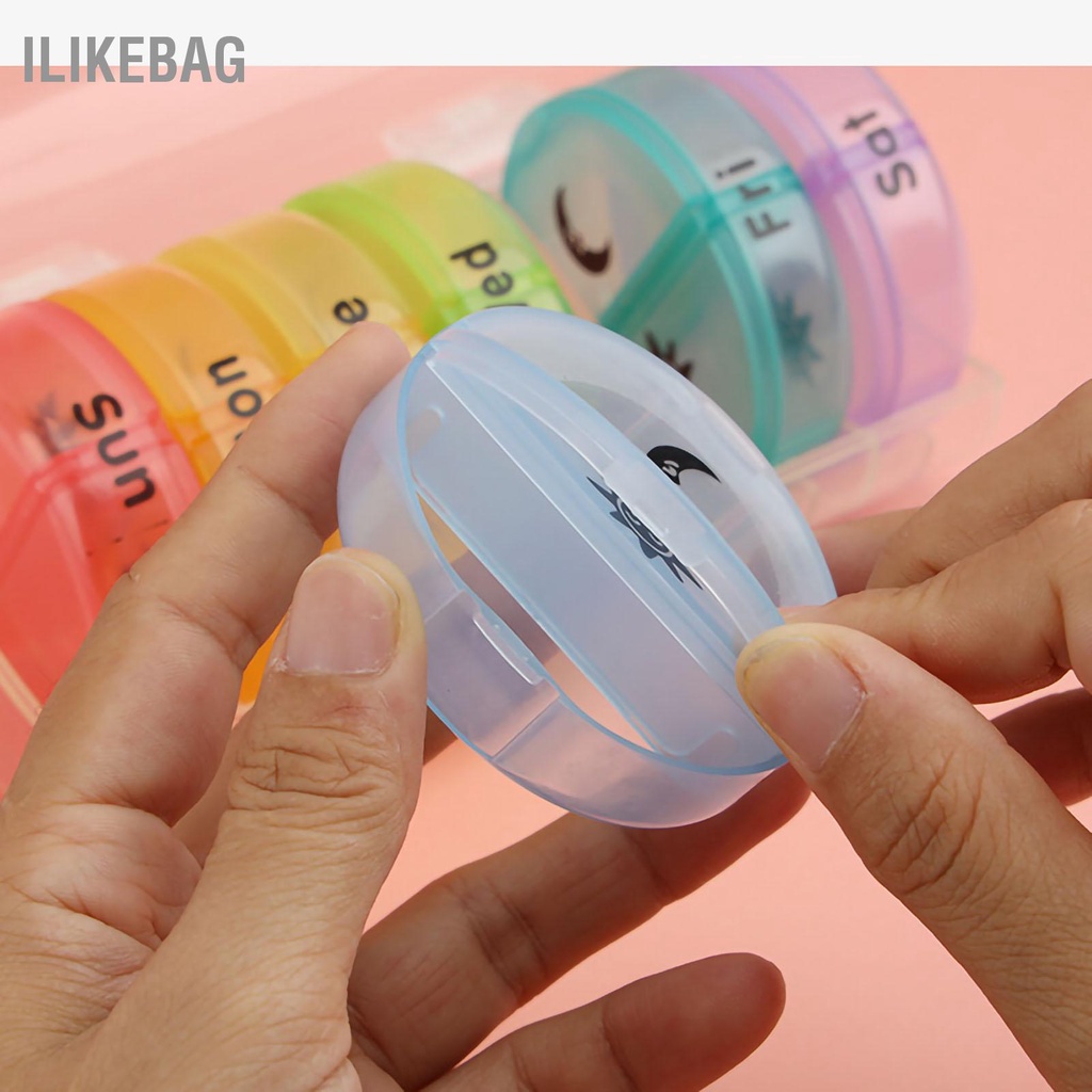 Ilikebag Hộp Đựng Thuốc Tròn Mini Chống Ẩm 14 Ngăn Bằng Nhựa Di Động Trong 1 Tuần Buổi Sáng Tối