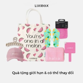 Combo mũ lưỡi trai, 2 túi, gương cầm tay lixibox, kẹp tóc, khăn tẩy trang, dép
