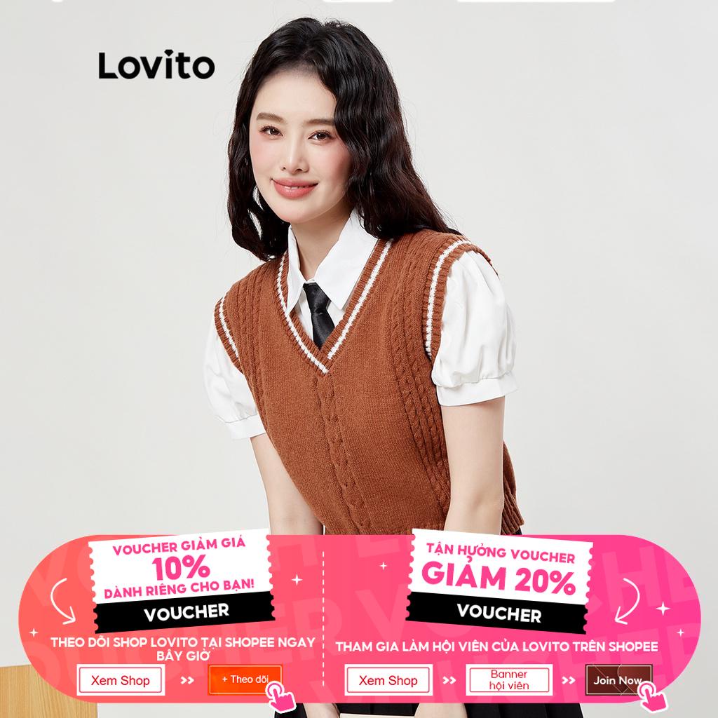 Lovito Preppy Colorblock V Cổ nữ dệt kim trên cùng L33ED056 (Nâu)