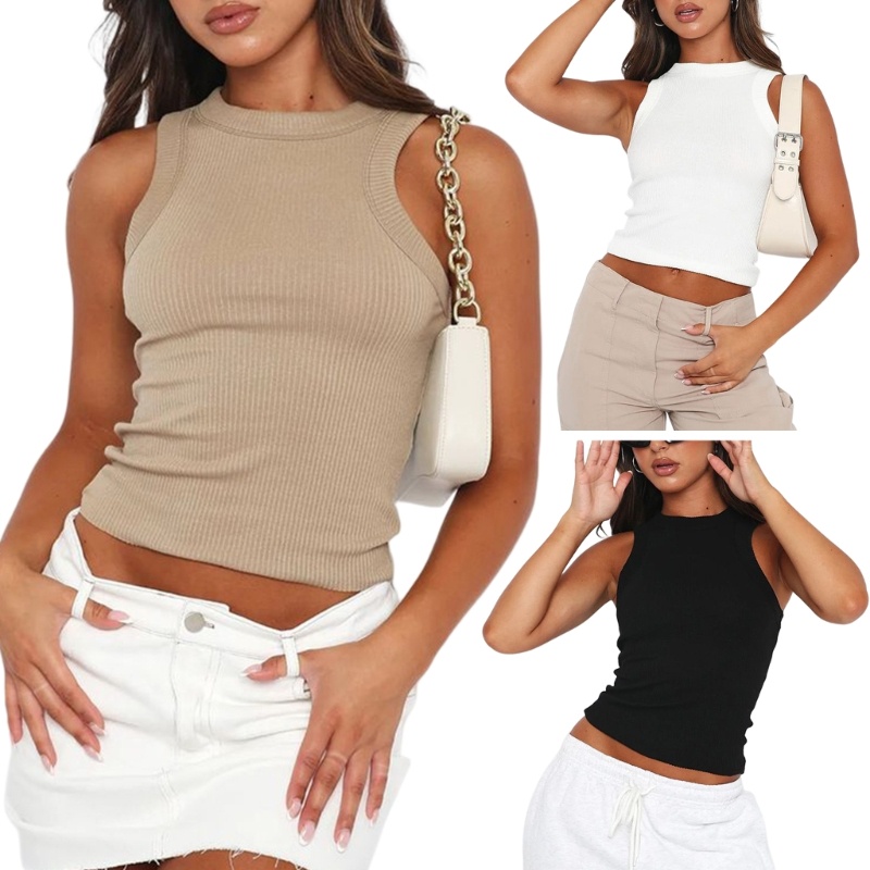 Xiangbao Áo Thun Crop Top Hai Dây Ôm Dáng Màu Trơn Có Gân Đơn Giản Cho Nữ