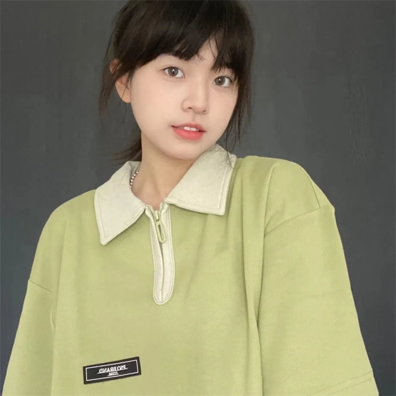 Áo polo Tay Ngắn Dáng Rộng Có Khóa Kéo Phối Màu Sắc Phong Cách Nhật Hàn Thời Trang Cho Nữ