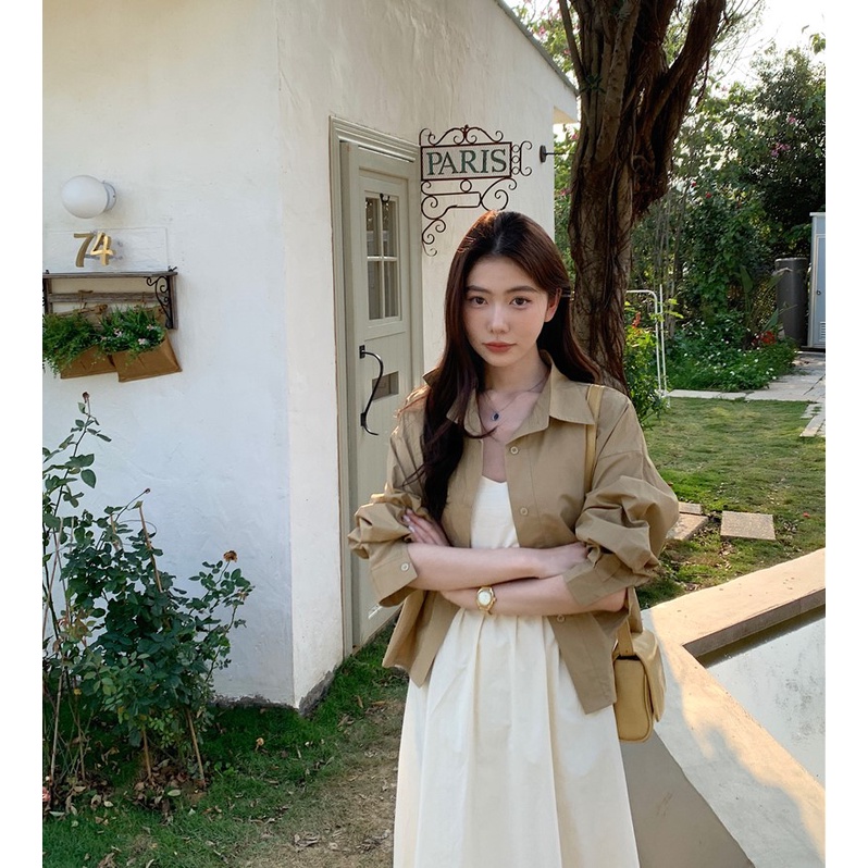 Xiaozhainv Set Áo Sơ Mi Và Đầm Maxi Không Tay Xẻ Tà Phong Cách Retro Hàn Quốc Cho Nữ