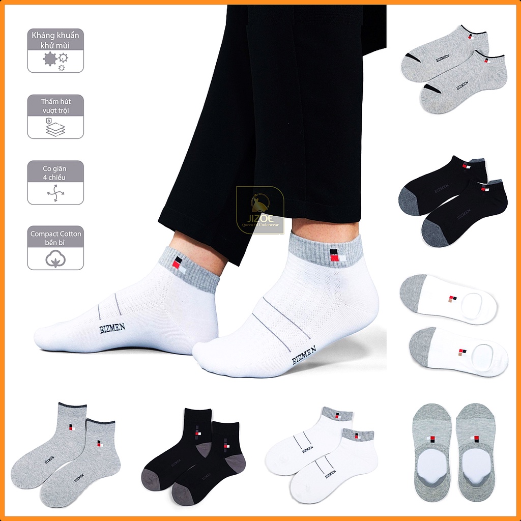 Tất vớ nam công sở Bizmen CHÍNH HÃNG cao cấp cổ ngắn trung cao hài cổ thuyền Cotton kháng khuẩn khử mùi JIZOE TNA01