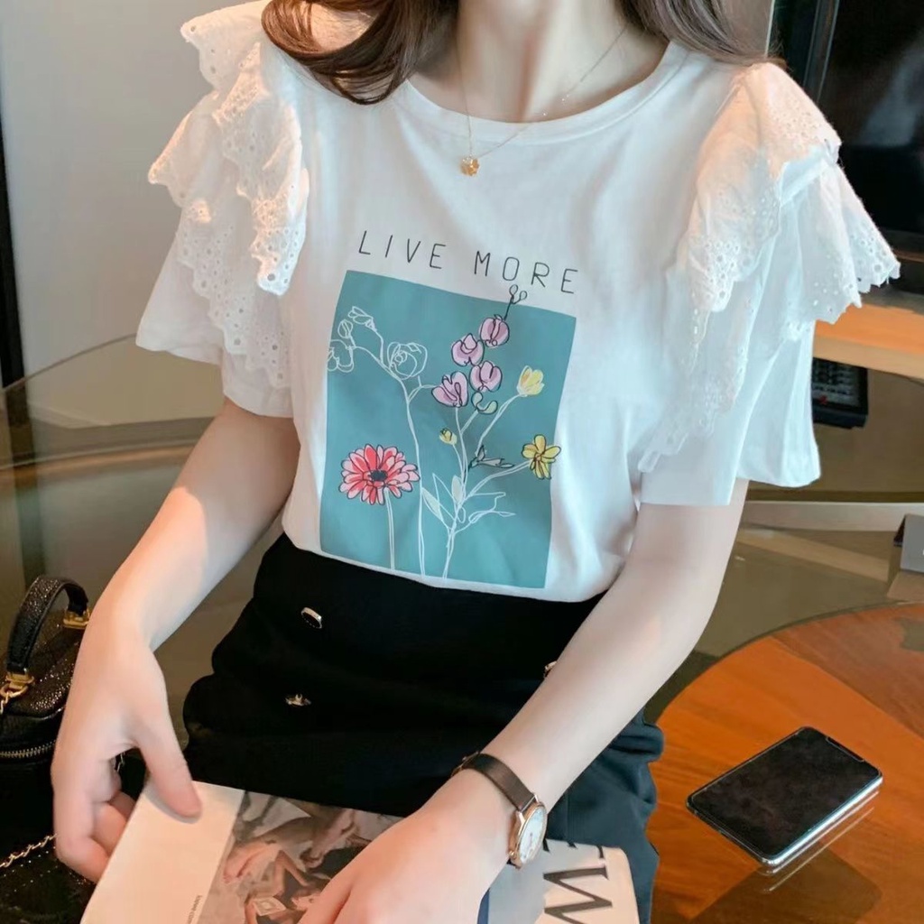 Áo Thun Cotton Nguyên Chất Tay Ngắn Phối Ren Dáng Rộng Phong Cách Phương Tây Thời Trang Mới 2023 Cho Nữ
