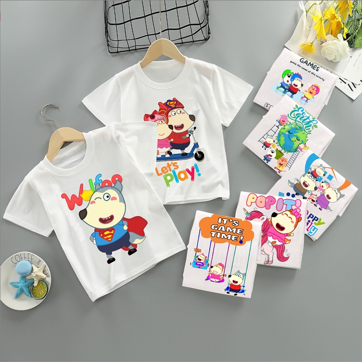 Áo thun trẻ em 💖Áo cotton mát mịn họa tiết gia đình sói wolfu dễ thương cho bé trai và bé gái - SSSHOP