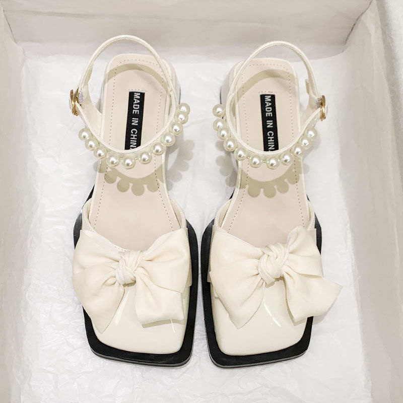 Xăng đan Cao Gót Dày Đính Nơ Ngọc Trai Thời Trang Mùa Hè Hàn Quốc Mới 2022