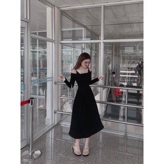ĐẦM MIDI ĐEN 2S RỚT VAI TD🖤